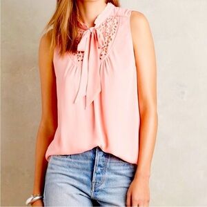 Anthropologie Maeve Luca Laser Cut tie Neck Blouse Coral Sz 4